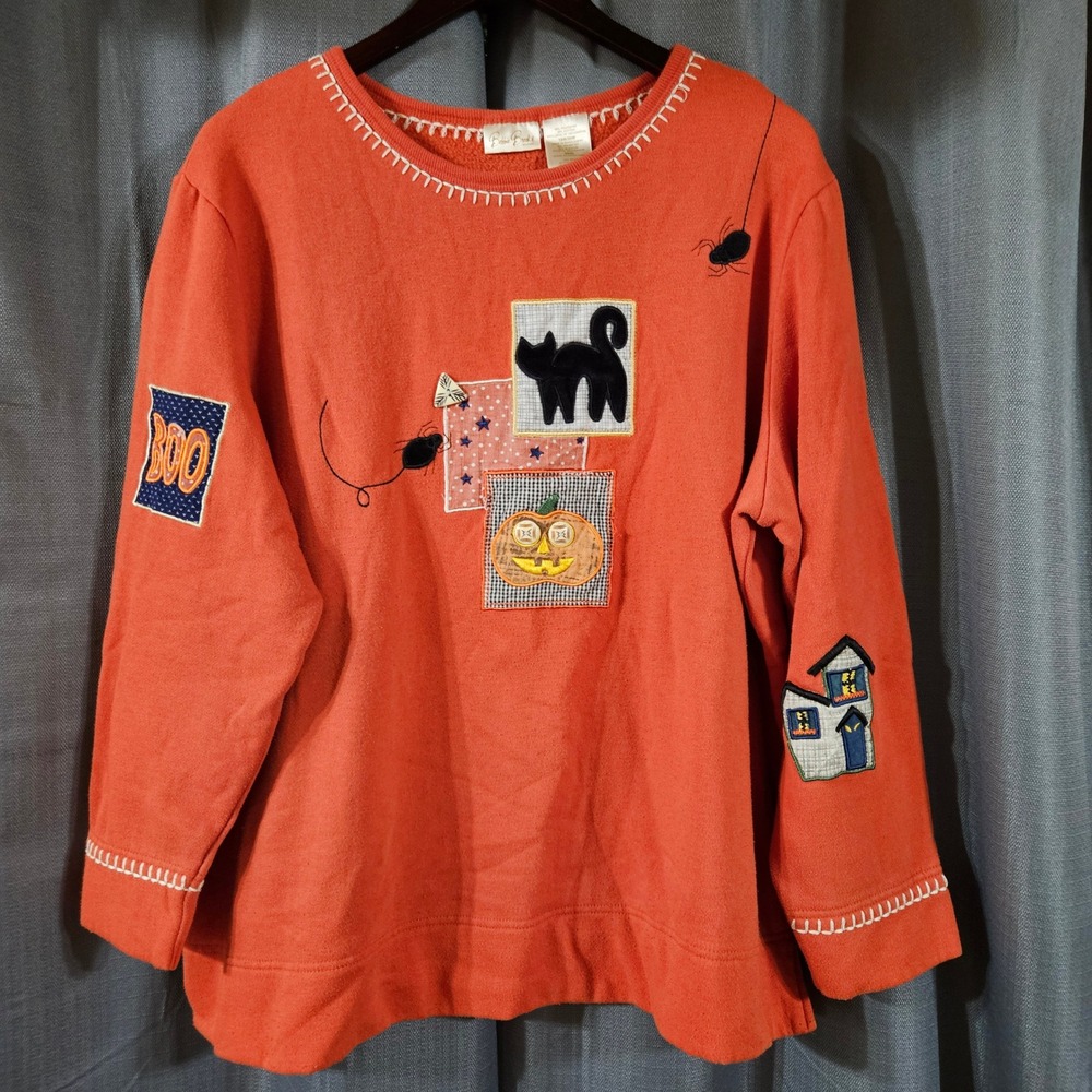 Vintage Bobbie Brooks Halloween Sweatshirt Orange Plus 18W/20W Black Cat Pumpkin